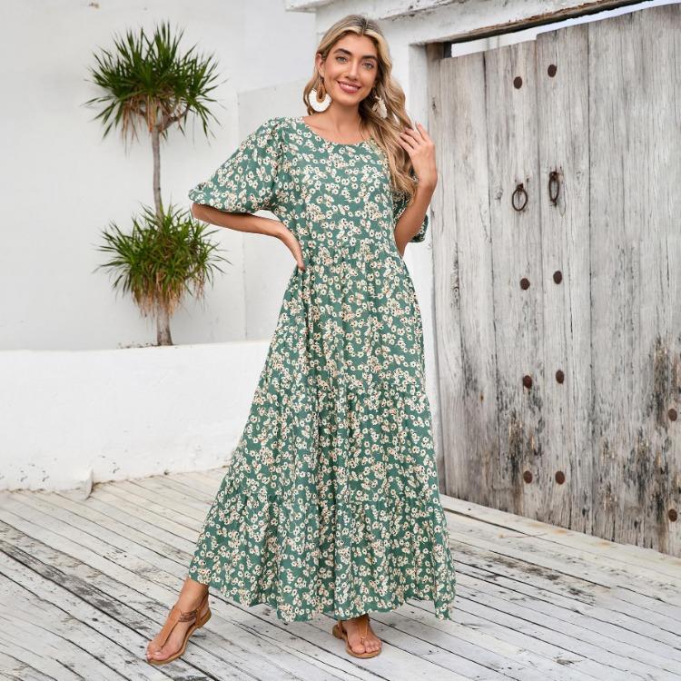 Women Summer Casual Floral Print O Neck Dress High Waist Loose Large Size Ankle Length Middle Long Sleeve Spring Dress