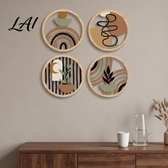 Natural Material Home Ornaments 4Pcs Boho Wooden Wall Art 2D Flat Round Hanging Signs Modern Geometric Wavy Circle Wood Decor Bohemian Plaques for