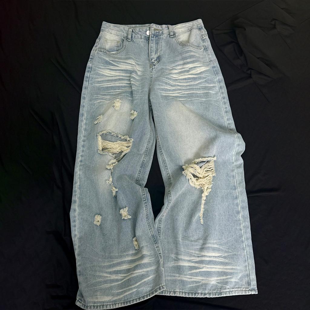 American high street trendy jeans heavy industry washed cat whisker hole design sense loose wide leg pants mopping pants men