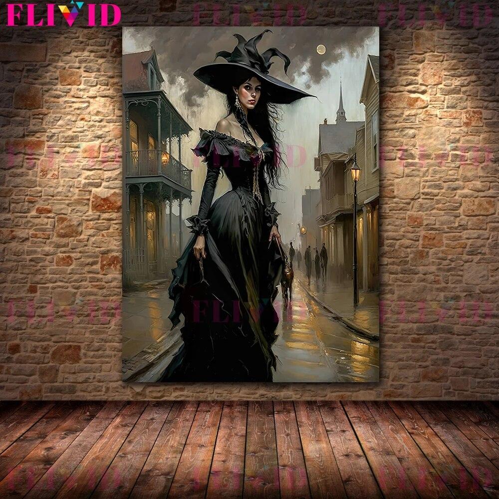 Викторианская готика Черная ворона Ведьма и скелет Портрет Винтажное настенное искусство Темная фэнтези Ведьма Вампир Эстетическое искусство Печать плакатов Без рамки