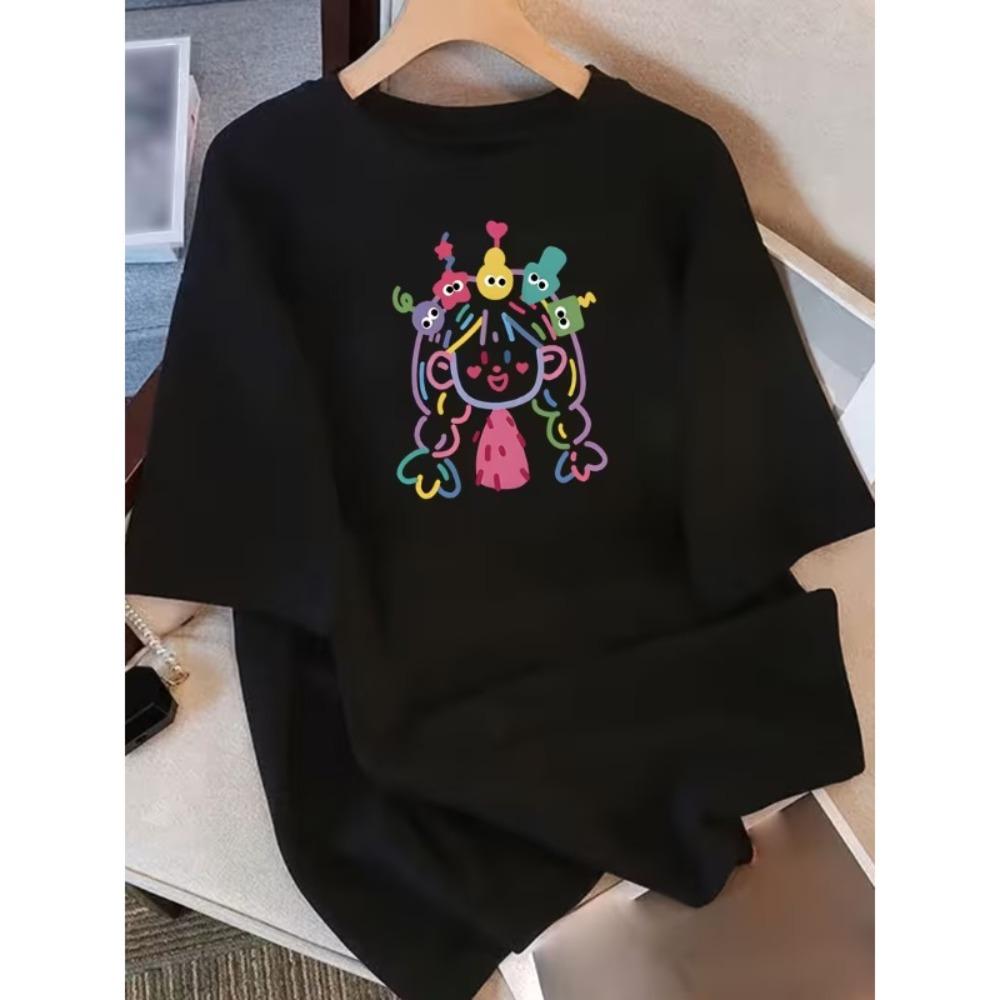 Cute Doodle Style Colorful Curly Hair Girl Print Casual T-Shirt Cartoon Girl Tee Trendy Y2K Short Sleeve Top for Daily Wear