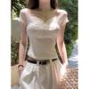 Sexy Coquette Streetwear T-Shirts Women Korean Fashion Vintage Bow Lace Patchwork V Neck Slim Tees Tops Summer Chic