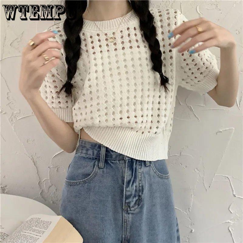 WTEMPO Женский летний ажурный короткий вязаный пуловер с коротким рукавом, тонкий халат, однотонные повседневные топы с круглым вырезом, трикотаж