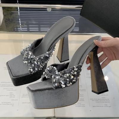 Eilyken Блестящая Плиссированная Женская Обувь Летние Шлепанцы на Платформе Обувь С Открытым Носком Банкетные Туфли на Высоком Каблуке Zapatos Mujer