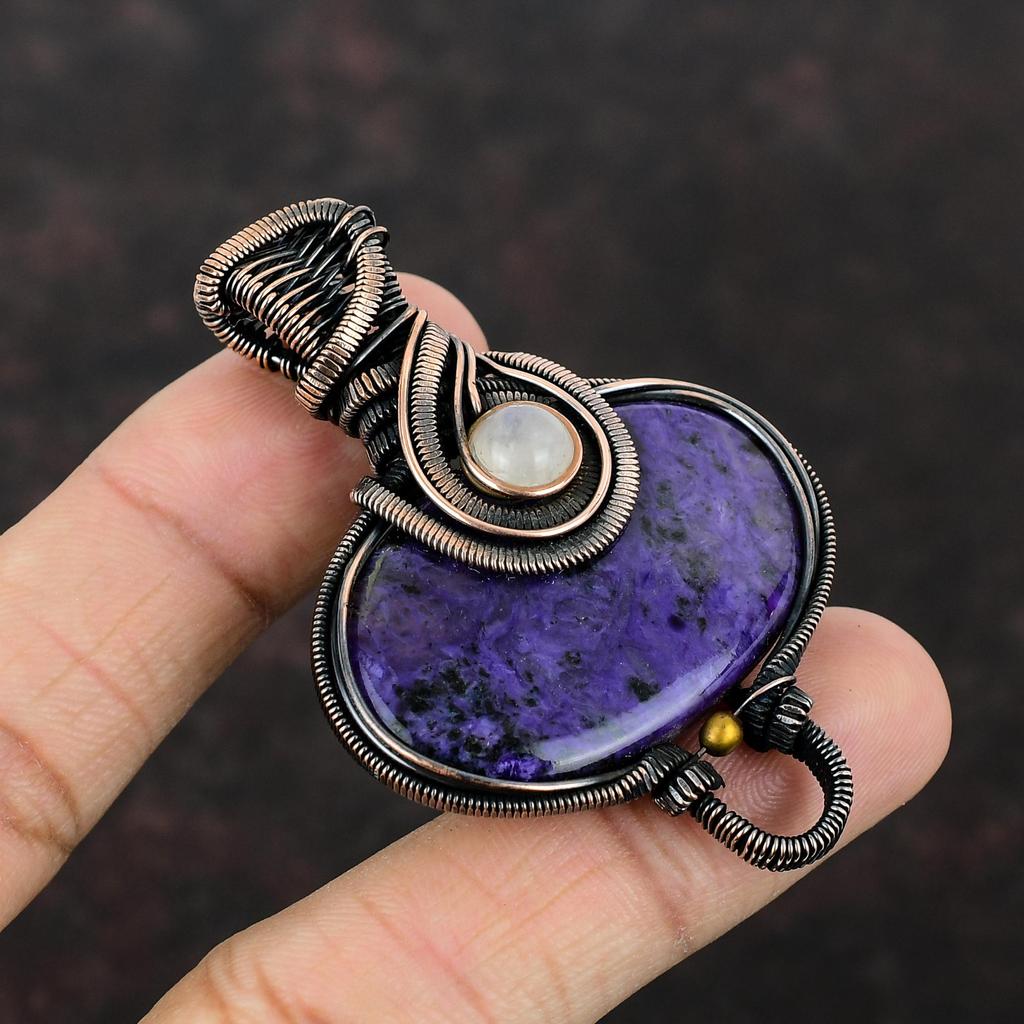 Подвеска из чароита, медная проволока, обернутая подвеска, ювелирные изделия из драгоценных камней, подвеска ручной работы, подвеска из радужного лунного камня, антикварная медная подвеска, подарок для нее