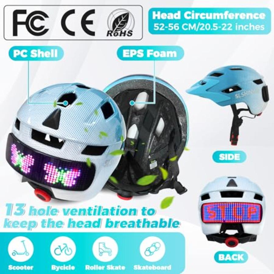 Bike Helmet Toddler Helmet for Boys Girls Youth with LED Lights Bicycle Helmets with Protective Gear Set Knee Elbow Wrist Pads