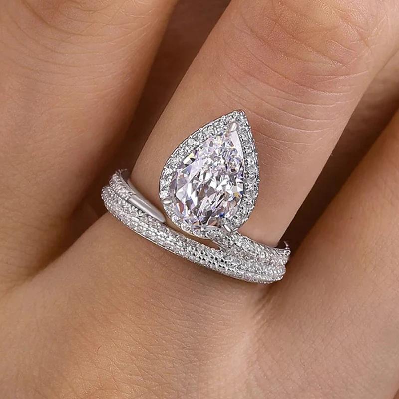 Trendy Luxury Pear Shaped Cubic Zircon Crystal Rings for Women Gorgeous Engagement Wedding Band Accessories Bling Jewelry