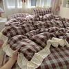 Кружевное постельное белье в стиле принцессы из мятой марли - 4 предмета, стираемый хлопковый комплект в клетку, пододеяльник для двуспальной кровати, для всех сезонов