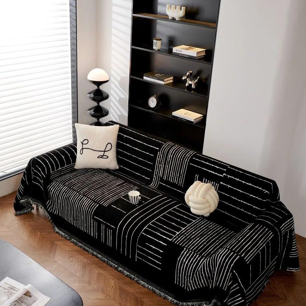 Black White Lines Couch Covers Luxury Sofa Cover Cloth Slipcover Non-Slip Cloth Sofa Cushion Blanket Decorative Dust Cover