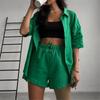 Solid Pajama Women Home Clothes Suits Vintage Elegant Chic Basic Classic Turn Down Collar Shirt Short Sleeve with Shorts Trend