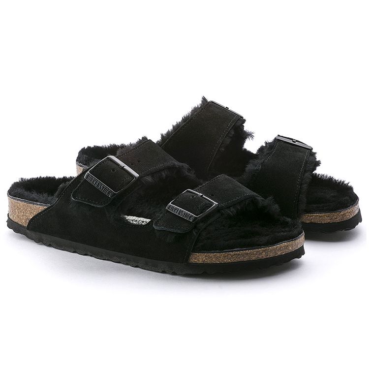 Birkenstock Серия Arizona Shearling Кожа Замша Двойная пряжка Тапочки Унисекс тапочки Черный 0752661