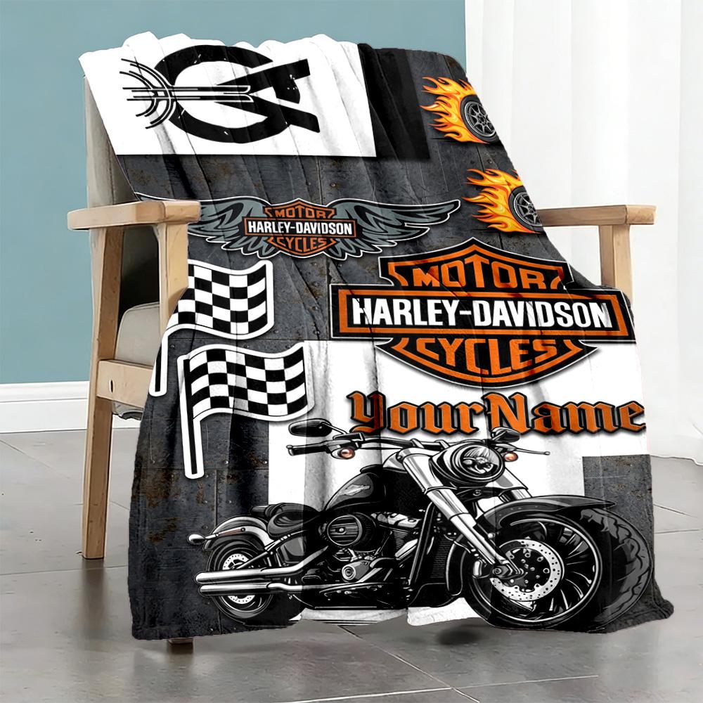 Harley-davidson Motorcycles Customize Text Blanket Multi-purpose Personalized Blanket Durable Comfort Perfect for Nap Bed Living Room Picnics