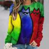 Women's Hand-painted Long-sleeved T-shirt with Cute Cat Color Pattern T-shirt Loose Pullover Womens Round Neck Versatile T-shirt