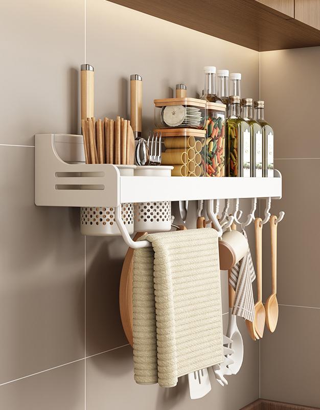 Настенные полки для хранения, алюминиевый кухонный органайзер для хранения с крючками, держатель для ножей, подставка для приправ, полка-органайзер