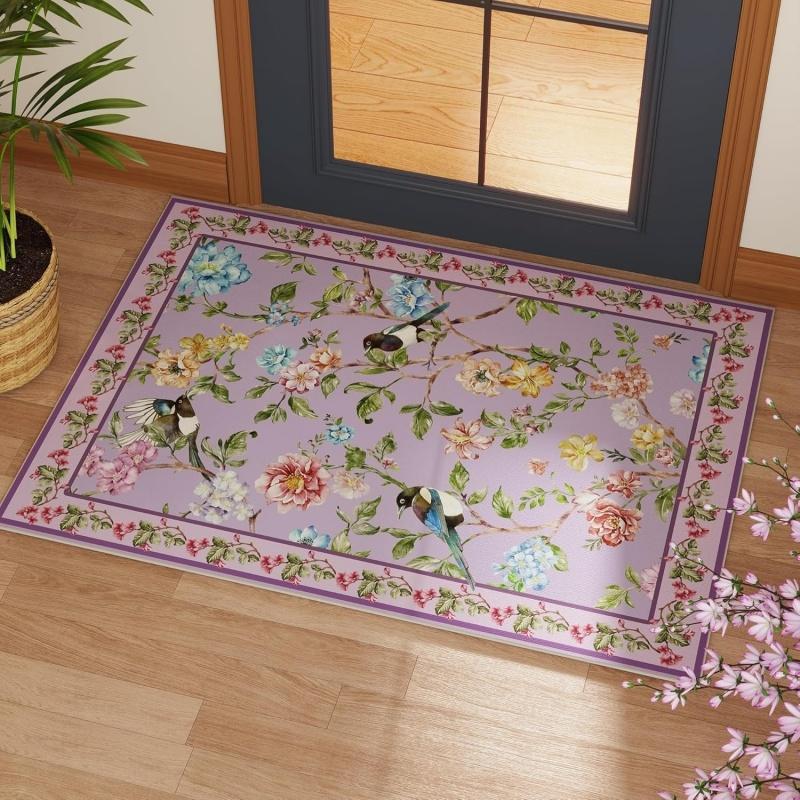 Watercolor Purple Flower Butterfly Print Doormat Non-Slip Absorbent Floor Mat Boho Floral Style Entryway Rug
