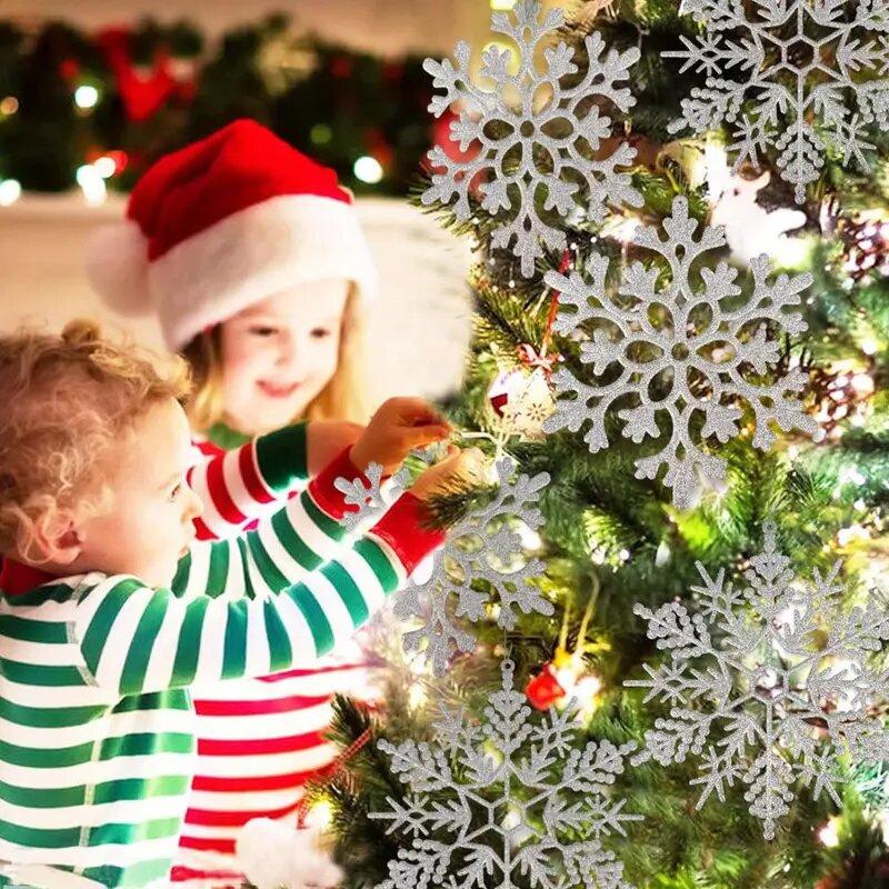 Украшения Рождественские снежинки 6 шт. Украшения Рождественская елка Серебряный блестящий кулон Искусственная пластиковая поддельная снежинка бусина