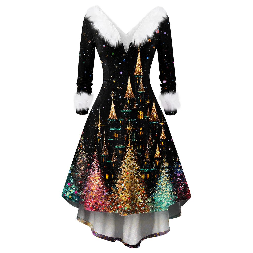 Женское модное повседневное приталенное платье с рождественским принтом для вечеринки с длинными рукавами