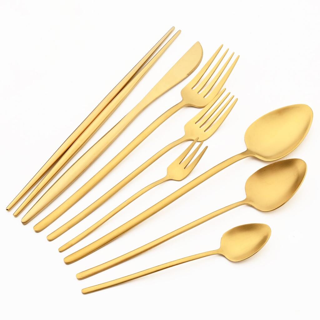 Золотой набор столовых приборов, матовый набор столовой посуды из нержавеющей стали 304, нож, вилка для торта, ложка, палочки для еды, серебро, кухонные столовые приборы, посуда