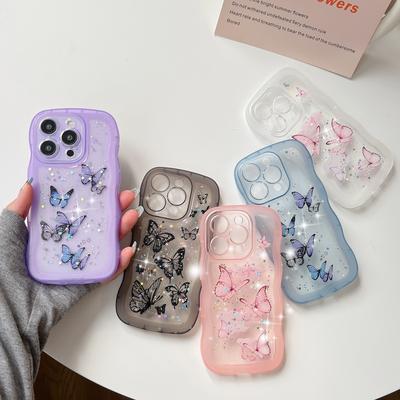Для IPhone 16E Волнистый чехол для телефона с капельным клеем для Apple 15promax Бабочка Блестящая пудра 14 Прозрачный чехол