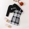Весенне-осенний новый топ с длинными рукавами и буквами для девочек + клетчатое платье с лямкой на шее, костюм из двух предметов, модный костюм для детей 2-8 лет