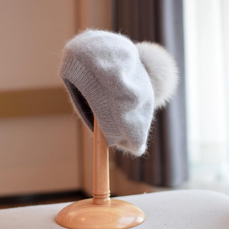 2022 японский берет из ангорского кролика для женщин, зимние теплые мягкие вязаные береты из норки, лисы, помпон, шапка, шерстяная шапка, оптовая продажа