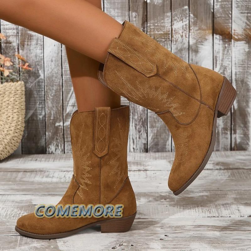 Мода 2024 Вышитые женские сапоги Кожа Ручная работа Острый носок Шпилька Осень Зима Повседневная обувь Новые Западные Ретро Боты Мода