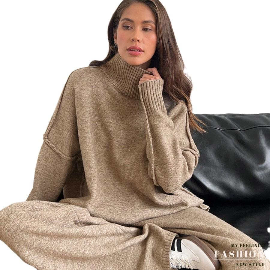 Women's Autumn/Winter High-Neck Sweater and Knit Pants Set - European/American Style, Loose Fit, Thick, Casual