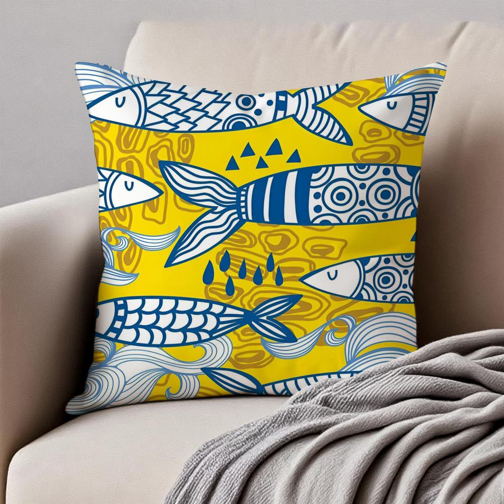 Cute Coastal Charm Sardines Art Design Cushion Cover Pillowcase Antidustmite Invisible Zipper Short Plush Sofa Cushion
