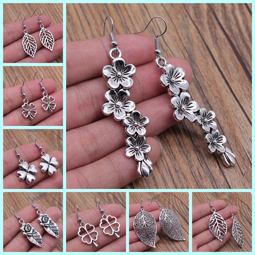 Винтажные простые старинные серебряные серьги-подвески в виде ветки клевера для женщин и девушек в подарок