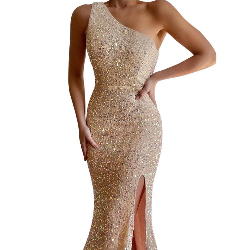 Womens Sequin One Shoulder Sleeveless Velvet Dress Elegant Evening Gown
