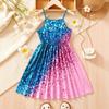 Детское блестящее платье принцессы с принтом, летнее модное платье для девочек с бретелью через шею