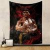 A muscular man poses in a martial arts stance with red dragon motifs. Patterned tapestry for bedroom and living room home decor