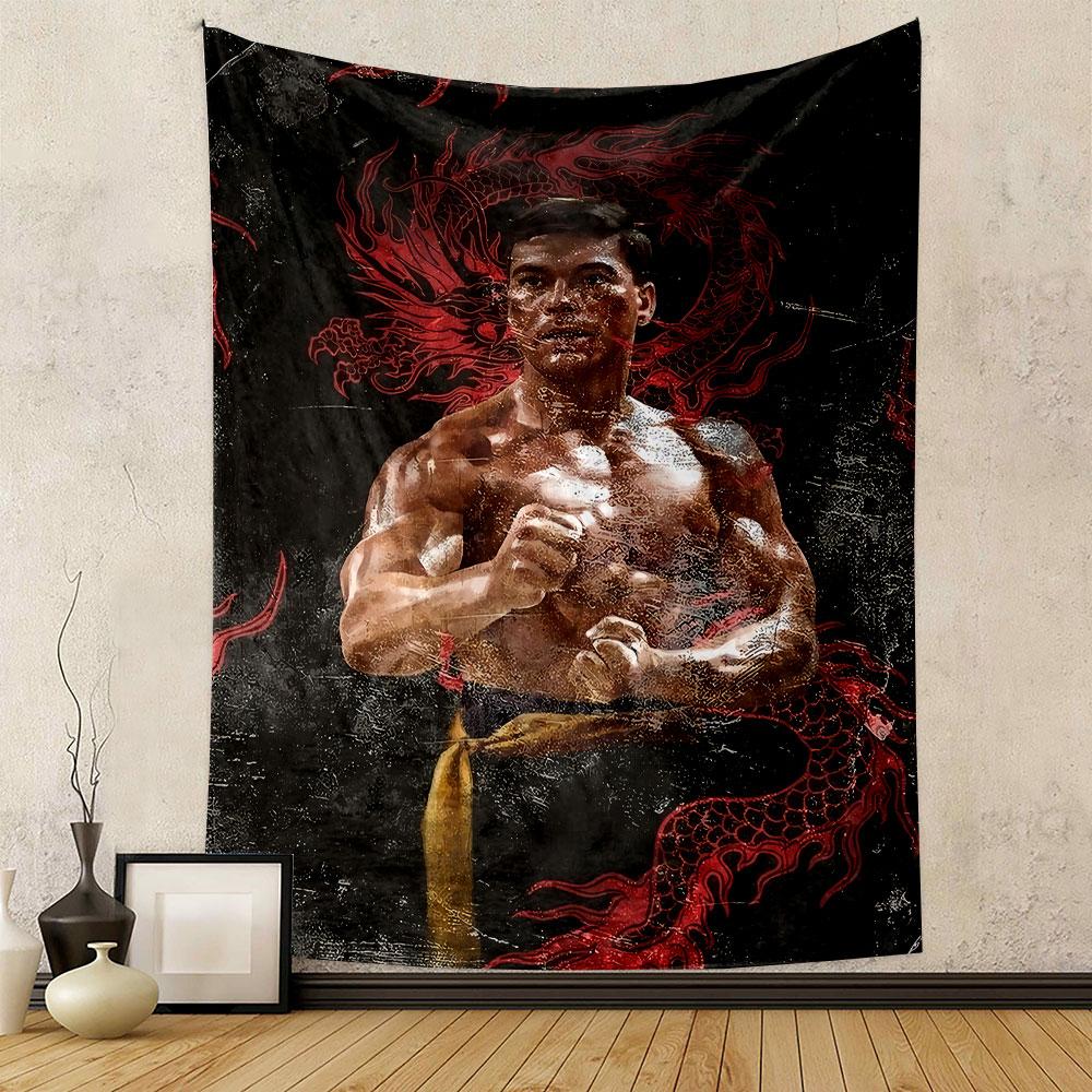 A muscular man poses in a martial arts stance with red dragon motifs. Patterned tapestry for bedroom and living room home decor