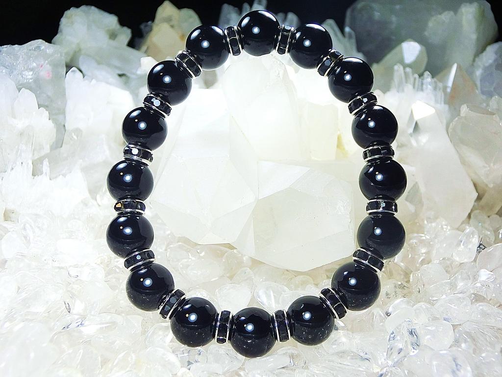 Black Shield Large Onyx Power Stone Bracelet for Men Stone AAA Purification Set with Pebbles and Leaf Stone Size 16cm [Evil-Averting Bracelet]