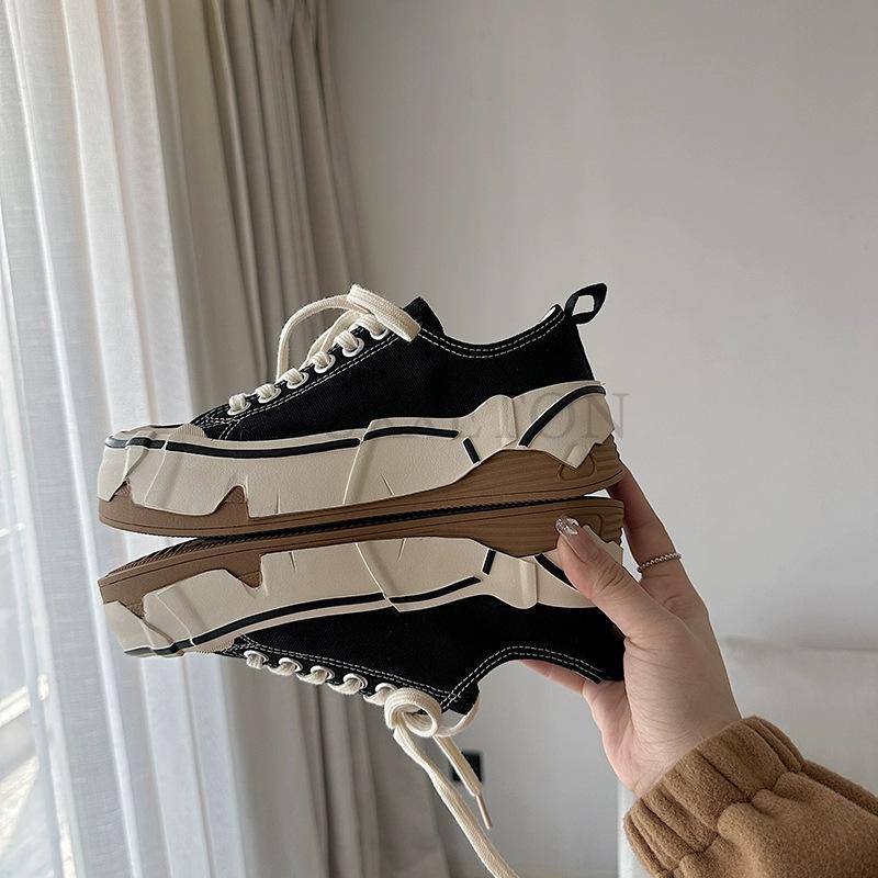 Женская обувь Весенние парусиновые туфли Женские кроссовки на толстой подошве Шнуровка Универсальные повседневные парусиновые женские вулканизированные туфли