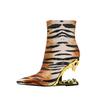 Fashion Size 35-43 Gold Silver Tiger Teeth Heel Women's Short Boots Brand 2025 European and American Style Leopard Pattern Pointed Shoes
