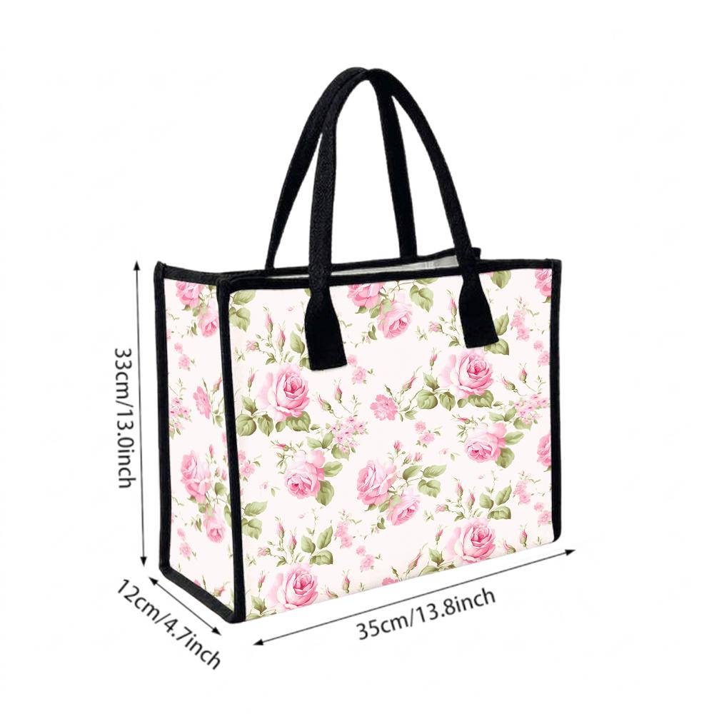 Elegant Pink Rose Print Tote Bag Fashion Casual Large Capacity Portable Canvas Handbag for Daily Shopping