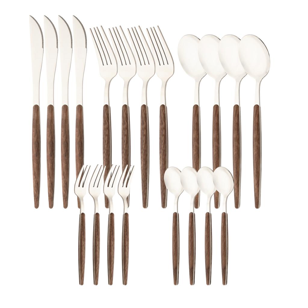 20Pcs Wooden Handle Dinnerware Steak Knife Coffee Spoon Cake Fork Set Mirror Stainless Steel Tableware Kitchen Utensils Eating Silverware