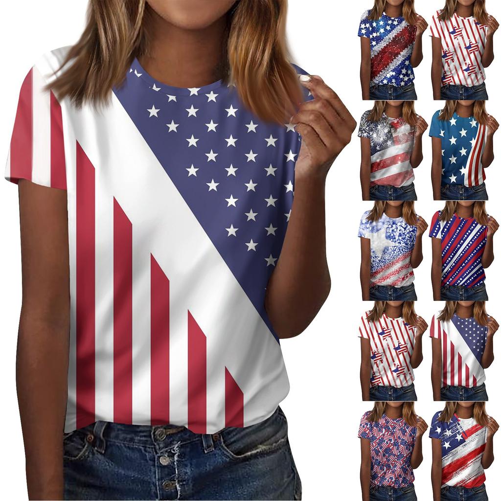 Women's Fashion Casual T-Shirt Independence Day Print Round Neck Short Sleeve Top