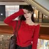 Spring and Autumn Women's New Three-dimensional Rose Shoulder Short Sweet Long-sleeved Sweater