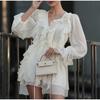 Summer Women Solid Color Pleated Dress Elegant Ruffles V-neck Long Sleeve Mini Dress Fashion Female Fold Casual Beach Party Dress