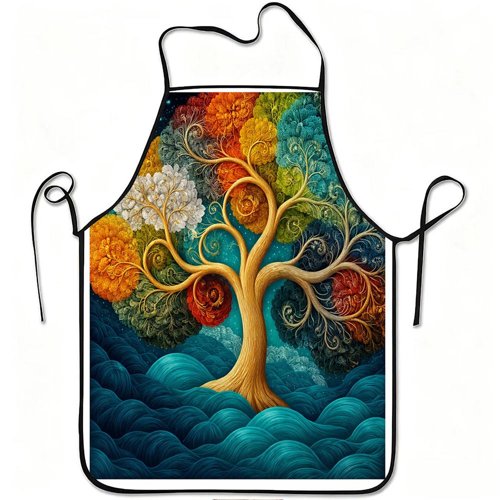 1pc 1pcs Colorful Tree Print Apron with Adjustable Waistband & Durable Easy-Clean Polyester Suitable for Kitchen Cooking, Gardening, Orchard Picking,