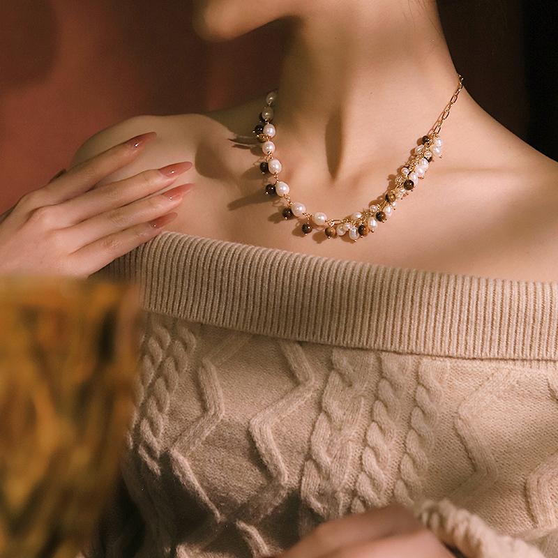 Natural Pearl Tiger Eye Stone Chain Necklace New Design Handmade Luxury Necklace Banquet Gift Women's Jewelry GN0871