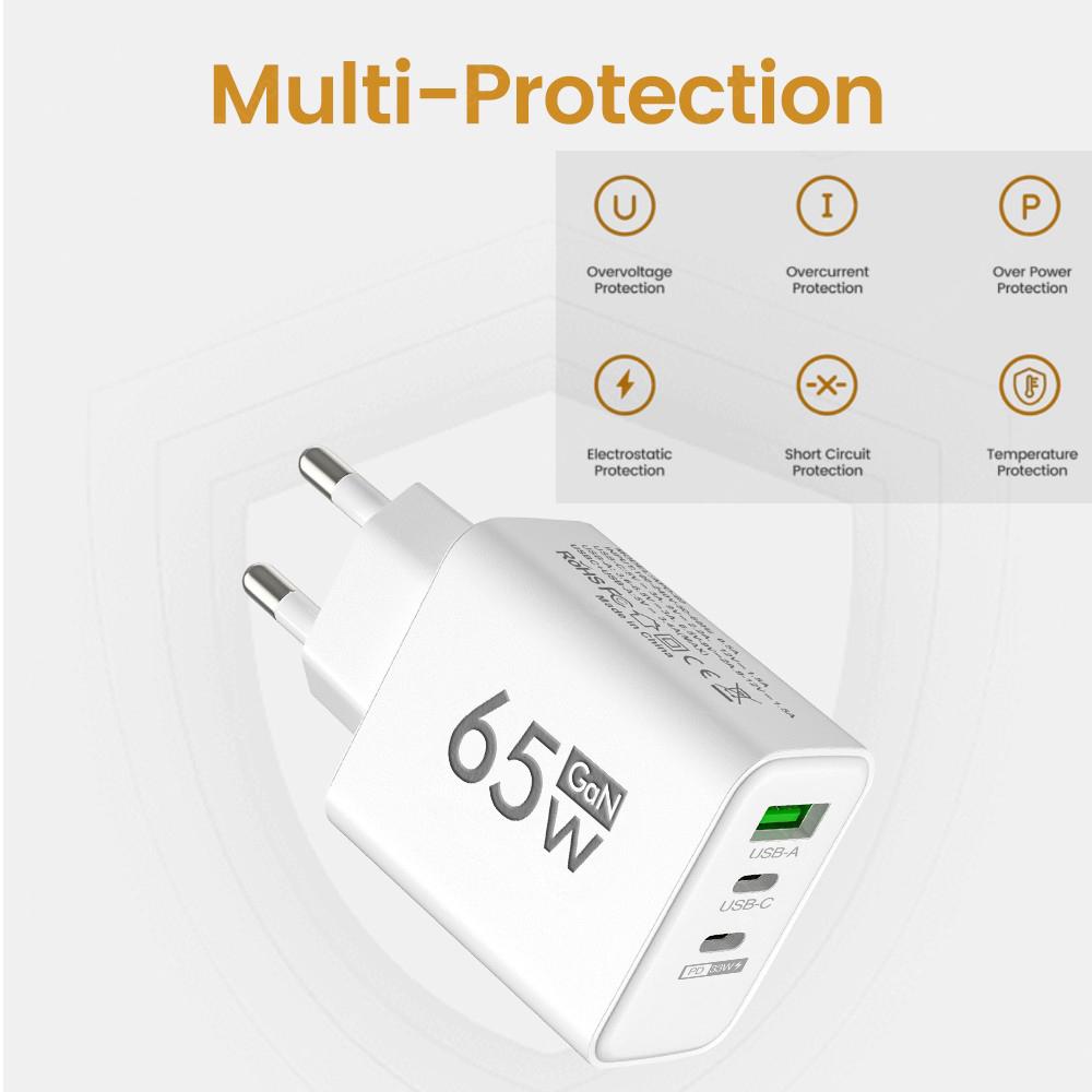 PD 65W GaN USB зарядное устройство Quick Charge 3.0 EU/US Plug настенное зарядное устройство для iPhone 15 Xiaomi Samsung Type C быстрая зарядка телефон адаптер