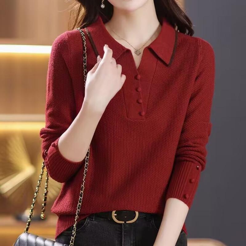 Свитер с лацканами для женщин на осень и зиму, новая трикотажная базовая рубашка, модный свитер для мам