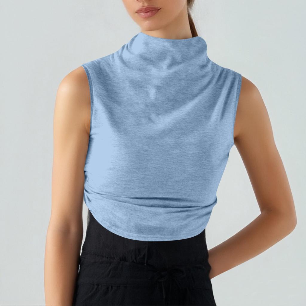 Women's Solid Color Semi-high-neck Sleeveless Vest Pleated  Top T-shirt