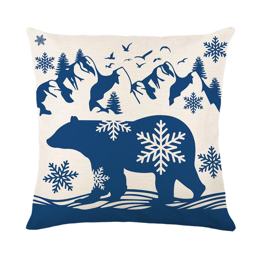 Blue Christmas Ornament Cushion Cover Printed Bear Snowflake Elk Santa Claus Tree Merry Christmas Lettering Linen Pillowcase