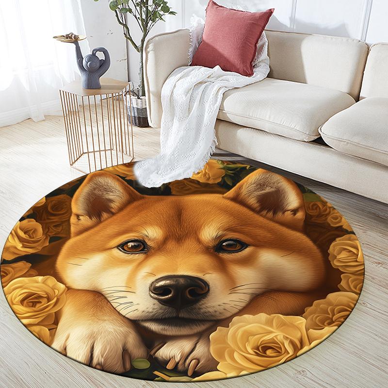 Shiba Inu and rose pattern round rug,Carpet Rug for Living Room Bedroom Playroom ,Non-slip Floor Mat,Holiday Gifts and Birthday Gifts.