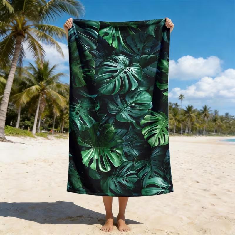 Fresh Green Monstera Leaf Beach Towel Sand Free Towel Tropical Palm Leaves Botanical Print Blanket for Summer Beach