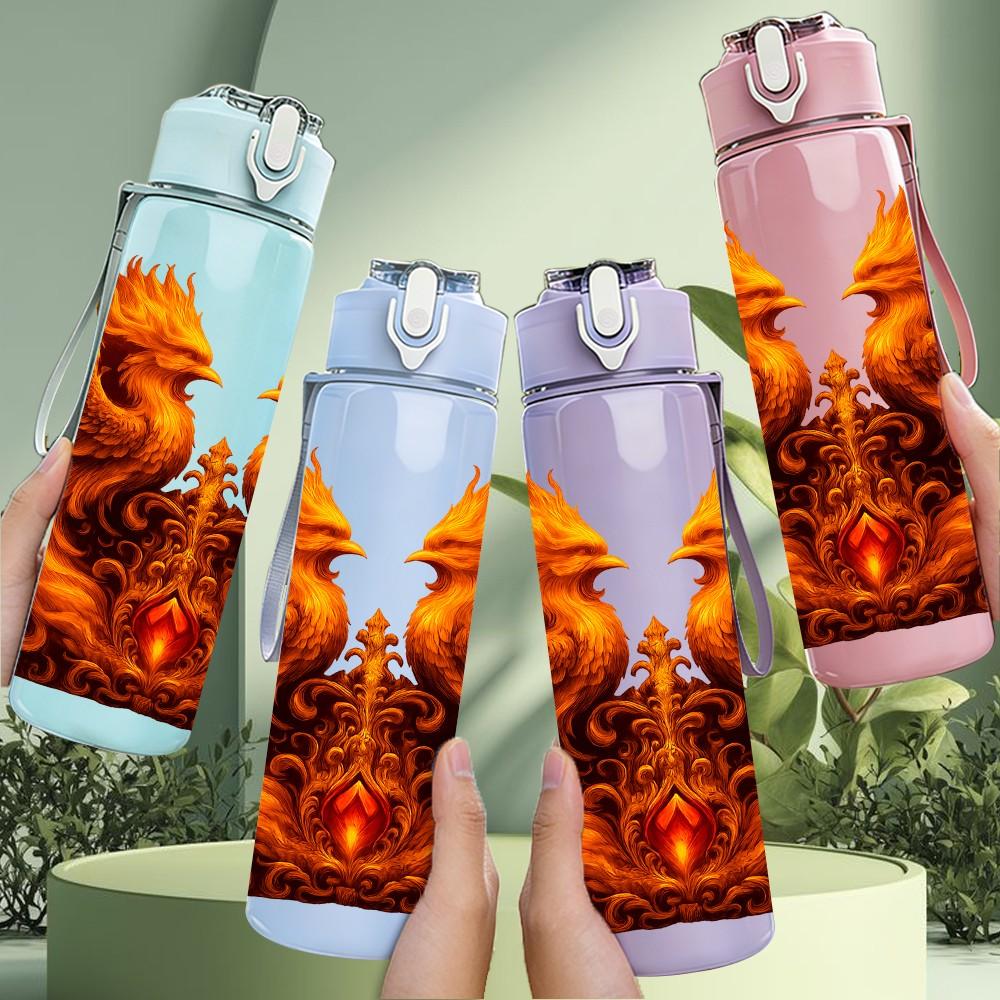 1PC Dual Phoenix Fire Bird Creature Print 750ml Color Plastic Sports Water Bottle Leakproof Flip Straw Lid Suitable for Sports Office Home Use
